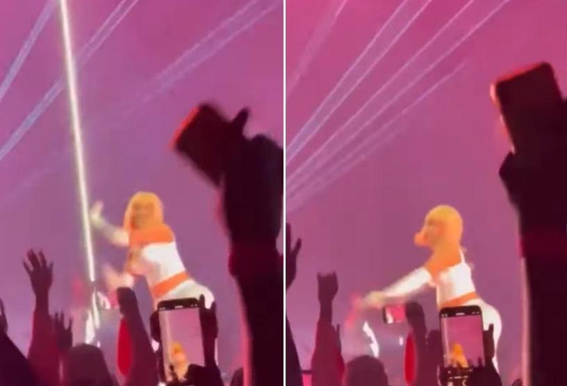 Rap müziğin kraliçesi Nicki Minaj adeta çıldırdı Ünlü şarkıcı sahneye atılan cismi geri fırlattı