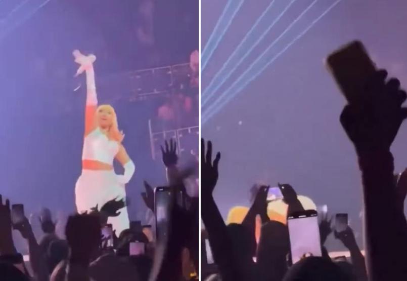Rap müziğin kraliçesi Nicki Minaj adeta çıldırdı Ünlü şarkıcı sahneye atılan cismi geri fırlattı