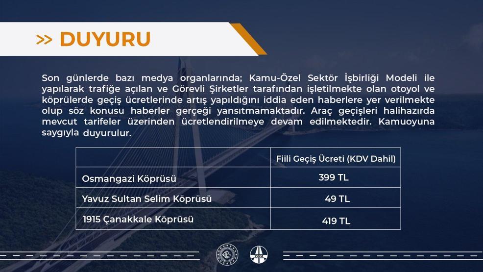 Otoyol ve Köprü Geçiş Ücretleri 2024 (Osmangazi, Yavuz  Sultan Selim, 1915 Çanakkale Köprüsü)