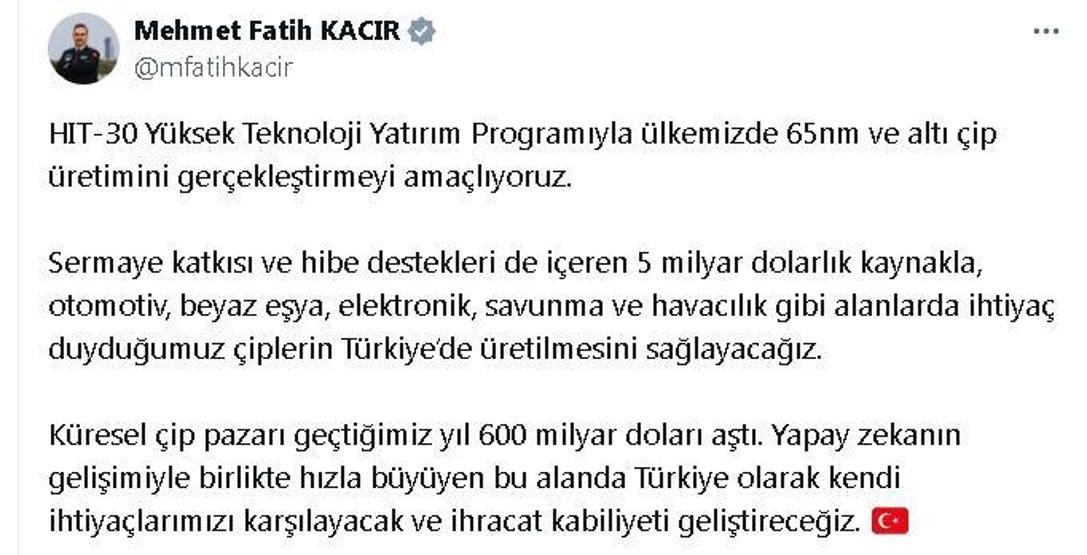 Bakan Kacır müjdeyi verdi: Artık Türkiyede üretilecek