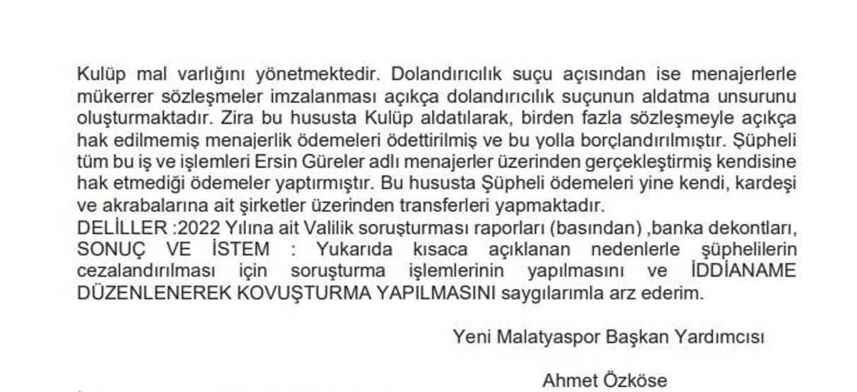 Malatyasporda Özköseden, Başkan Adil Gevrek hakkında suç duyurusu