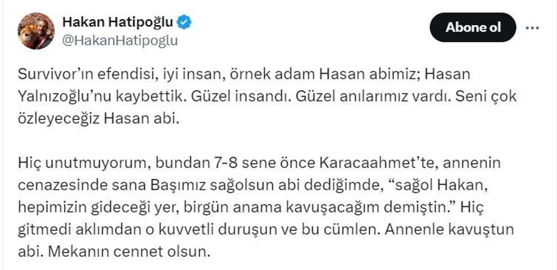 SON DAKİKA: Survivor Hasan Yalnızoğlu hayatını kaybetti Acun Ilıcalı başsağlığı mesajı yayımladı
