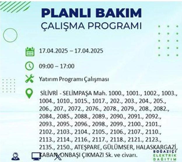 İSTANBUL’DA ELEKTRİKLER NE ZAMAN GELECEK İstanbulun 21 ilçesinde elektrik kesintisi