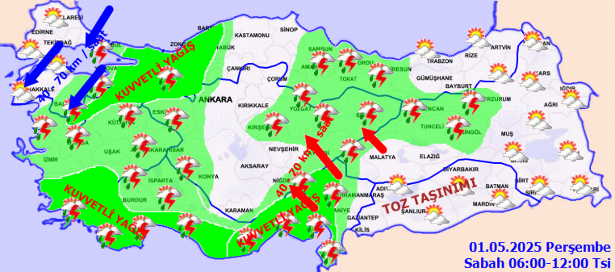 DİKKAT Meteoroloji bu bölgeleri işaret etti Kuvvetli sağanak, fırtına, toz taşınımı...