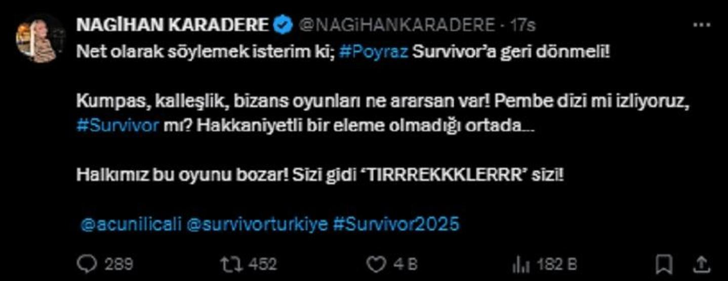 Survivordan elenen Poyraz için Nagihan Karadereden Acun Ilıcalıya çağrı: KUMPAS VAR