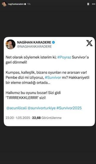Survivordan elenen Poyraz için Nagihan Karadereden Acun Ilıcalıya çağrı: KUMPAS VAR