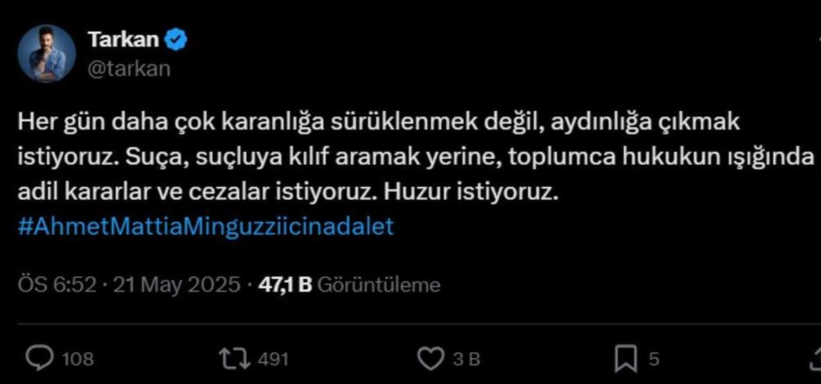 Megastar Tarkandan Mattia Ahmet Minguzzi paylaşımı: Adil kararlar ve cezalar istiyoruz