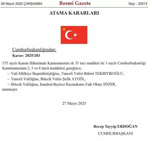RESMİ GAZETE VALİLER KARARNAMESİ: Hangi illerin valisi değişti 28 Mayıs 2025 Vali-Mülkiye Başmüfettişliği atama kararları