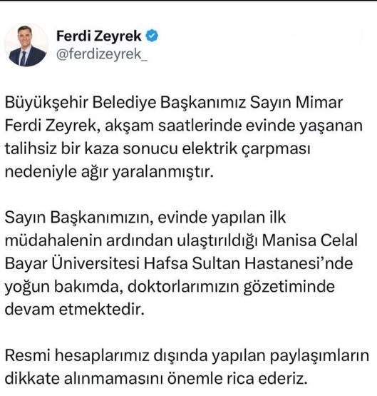 Manisa Büyükşehir Belediye Başkanı Ferdi Zeyrekin sağlık durumu nasıl Ferdi Zeyrek kimdir, kaç yaşında İLK AÇIKLAMA GELDİ