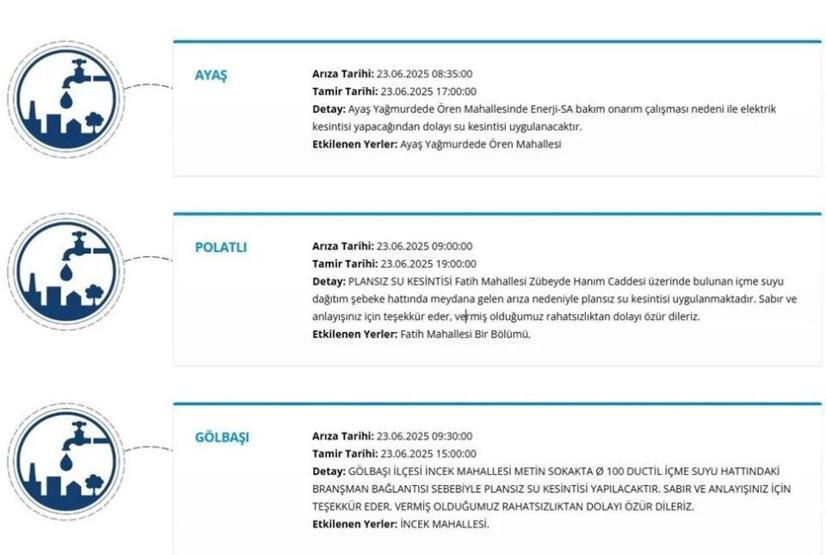 ANKARADA SULAR NE ZAMAN GELECEK 23 Haziran ASKİ Su Kesintisi Listesi