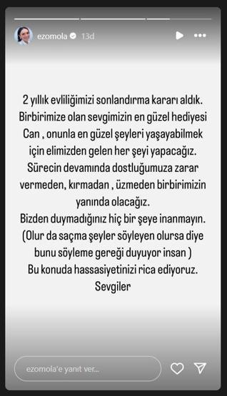 2 YILLIK EVLİLİK SONA ERDİ Ezgi Mola ile Mustafa Aksakallı boşandı Birbirimize olan sevgimizin en güzel hediyesi...