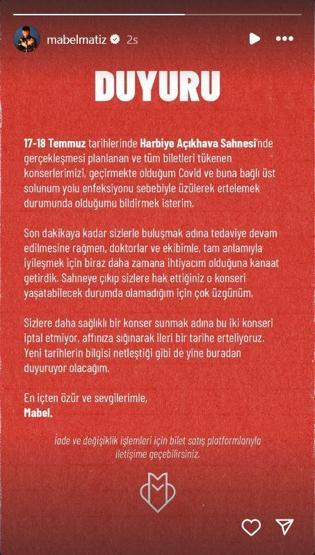 Mabel Matiz, Covide yakalandı Konserlerini erteledi