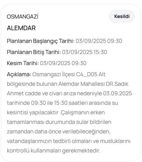 BUSKİ BURSA SU KESİNTİSİ: Bursada Sular Ne Zaman Gelecek 3 Eylül Bursa Su Kesintisi Ne Zaman Bitecek