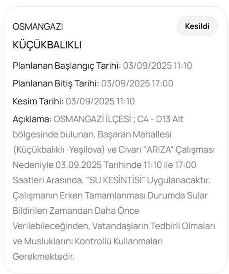 BUSKİ BURSA SU KESİNTİSİ: Bursada Sular Ne Zaman Gelecek 3 Eylül Bursa Su Kesintisi Ne Zaman Bitecek