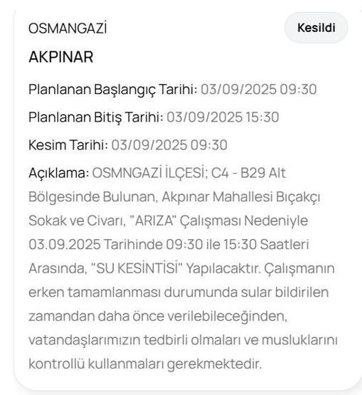 BUSKİ BURSA SU KESİNTİSİ: Bursada Sular Ne Zaman Gelecek 3 Eylül Bursa Su Kesintisi Ne Zaman Bitecek
