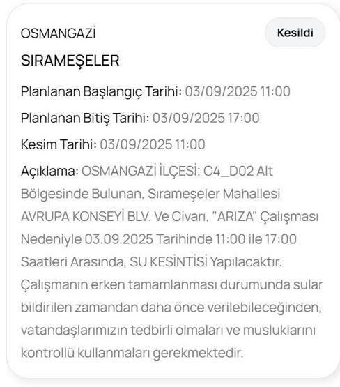 BUSKİ BURSA SU KESİNTİSİ: Bursada Sular Ne Zaman Gelecek 3 Eylül Bursa Su Kesintisi Ne Zaman Bitecek