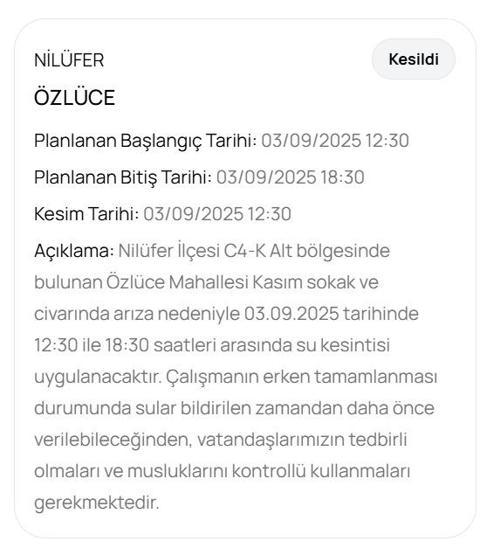 BUSKİ BURSA SU KESİNTİSİ: Bursada Sular Ne Zaman Gelecek 3 Eylül Bursa Su Kesintisi Ne Zaman Bitecek