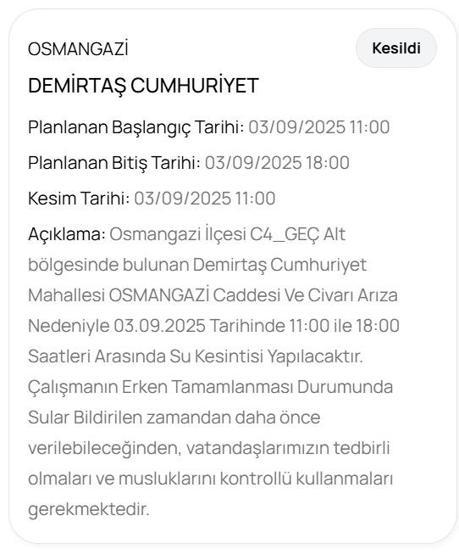 BUSKİ BURSA SU KESİNTİSİ: Bursada Sular Ne Zaman Gelecek 3 Eylül Bursa Su Kesintisi Ne Zaman Bitecek