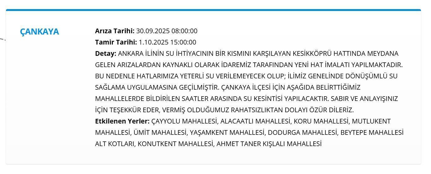 ASKİ ANKARA SU KESİNTİSİ 30 EYLÜL : Ankarada Sular Ne Zaman Gelecek ASKİ Ankara Su Kesintisi Sorgulama