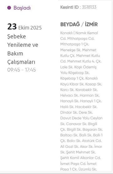 İZMİR ELEKTRİK KESİNTİSİ 23 EKİM: İzmir GDZ Elektrik Kesintisi Ne Zaman Bitecek 23 Ekim 2025 İzmir Kesinti Listesi...