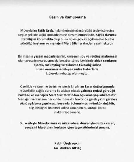 Fatih Ürek’in Sağlık Durumuyla İlgili Yeni Açıklama Avukatından Resmî Bilgilendirme Geldi