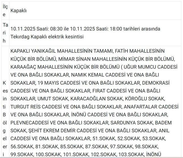 10 KASIM TEKİRDAĞ ELEKTRİK KESİNTİSİ: TREDAŞ Tekirdağ Elektrik Kesintisi Ne Zaman Bitecek Tekirdağda Elektrikler Ne Zaman Gelecek