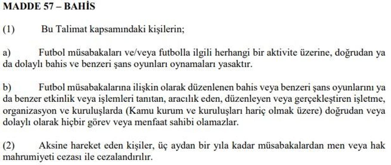 Bahis oynayan futbolcular ne kadar ceza alacak İşte 57. madde...