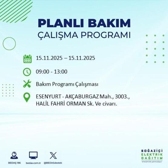 İstanbulda elektrikler ne zaman gelecek, saat kaçta İSTANBUL ELEKTRİK KESİNTİSİ 15 KASIM 2025 ARIZA SORGULAMA EKRANI AYEDAŞ - BEDAŞ