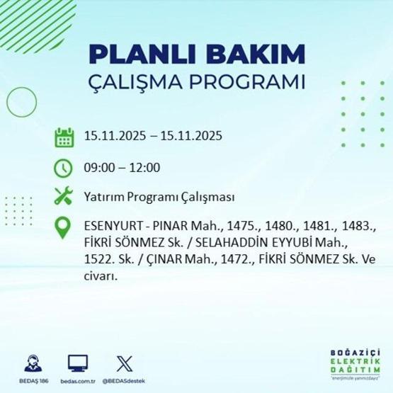 İstanbulda elektrikler ne zaman gelecek, saat kaçta İSTANBUL ELEKTRİK KESİNTİSİ 15 KASIM 2025 ARIZA SORGULAMA EKRANI AYEDAŞ - BEDAŞ