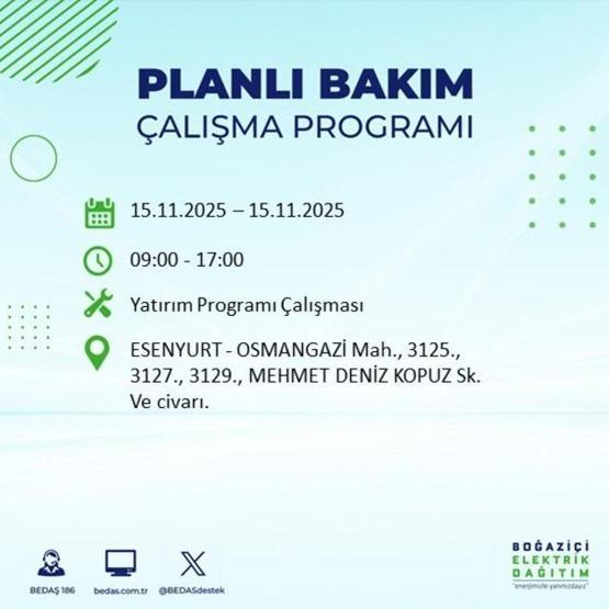 İstanbulda elektrikler ne zaman gelecek, saat kaçta İSTANBUL ELEKTRİK KESİNTİSİ 15 KASIM 2025 ARIZA SORGULAMA EKRANI AYEDAŞ - BEDAŞ