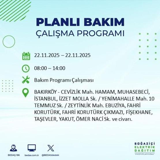 İSTANBUL ELEKTRİK KESİNTİSİ EKRANI 22 KASIM 2025 | İstanbulda elektrikler ne zaman gelecek 13 ilçe karanlığa gömülecek: Şişli, Bakırköy, Fatih...