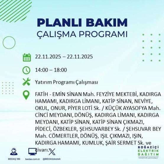 İSTANBUL ELEKTRİK KESİNTİSİ EKRANI 22 KASIM 2025 | İstanbulda elektrikler ne zaman gelecek 13 ilçe karanlığa gömülecek: Şişli, Bakırköy, Fatih...