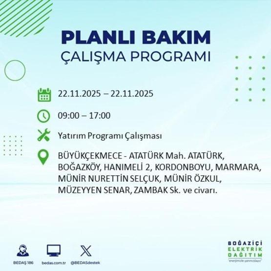 İSTANBUL ELEKTRİK KESİNTİSİ EKRANI 22 KASIM 2025 | İstanbulda elektrikler ne zaman gelecek 13 ilçe karanlığa gömülecek: Şişli, Bakırköy, Fatih...