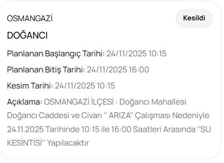 24 KASIM BUSKİ BURSA SU KESİNTİSİ: Bursa Su Kesintisi Ne Zaman Bitecek Bursada Sular Ne Zaman Gelecek