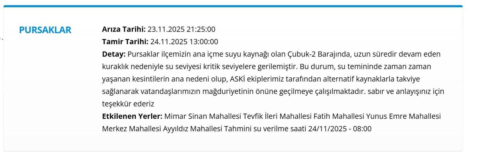 24 KASIM ANKARA SU KESİNTİSİ: ASKİ Ankara Su Kesintisi Ne Zaman Bitecek, Sular Ne Zaman Gelecek