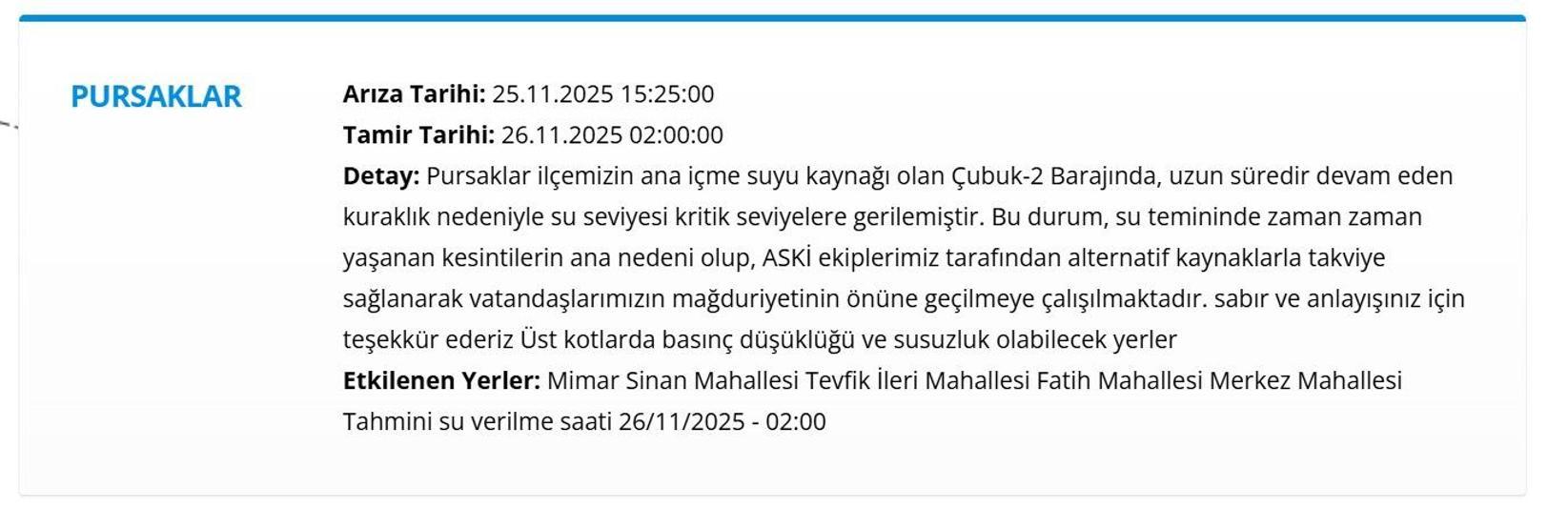 26 KASIM ANKARA SU KESİNTİSİ: ASKİ Ankara Su Kesintisi Ne Zaman Bitecek, Sular Ne Zaman Gelecek