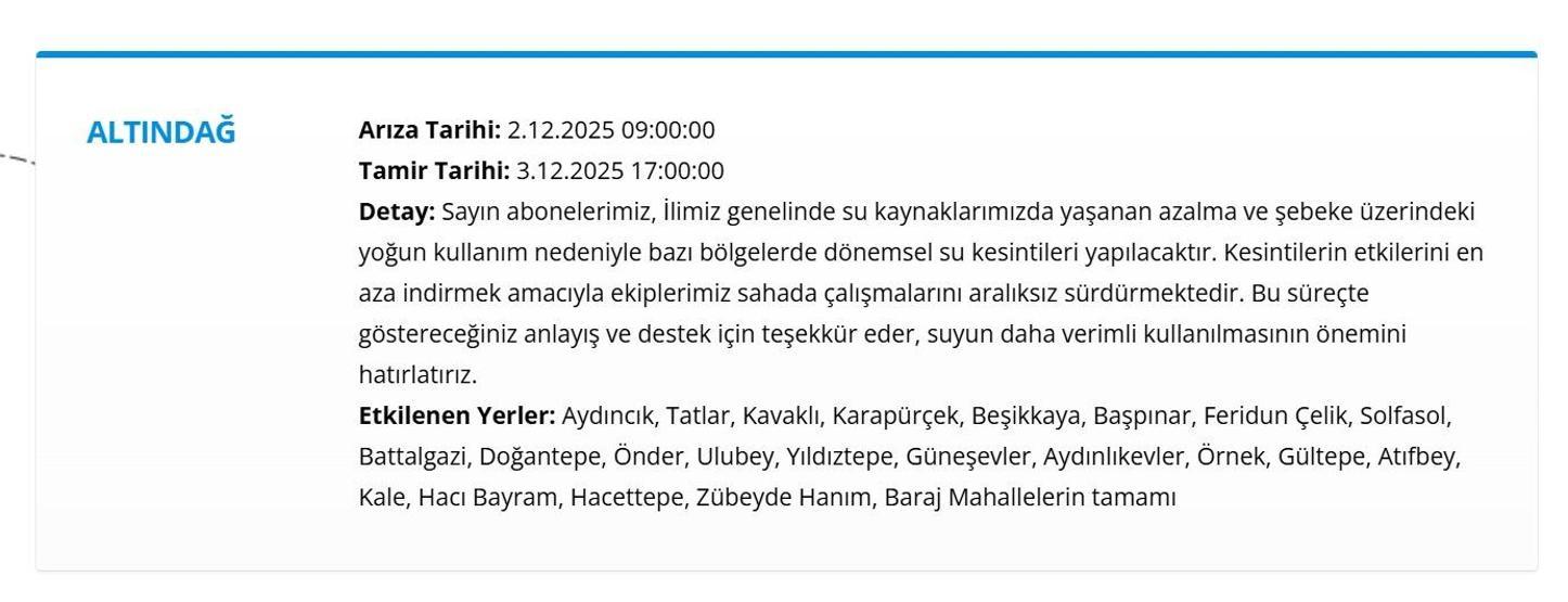 ANKARA ASKİ SU KESİNTİSİ 3 ARALIK: ASKİ Ankara Su Kesintisi Ne Zaman Bitecek, Sular Ne Zaman Gelecek