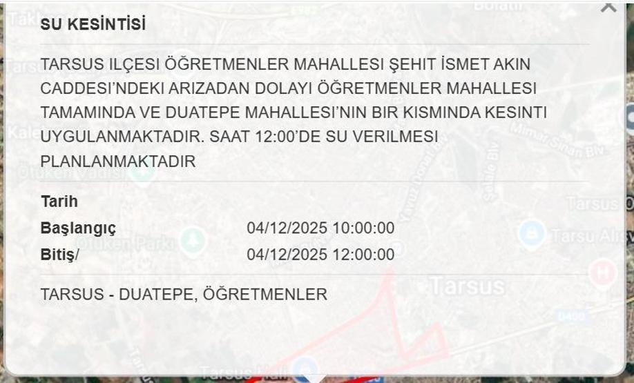 4 ARALIK MESKİ MERSİN SU KESİNTİSİ: Mersinde Sular Ne Zaman Gelecek Mersin Su Kesintisi Ne Zaman Bitecek