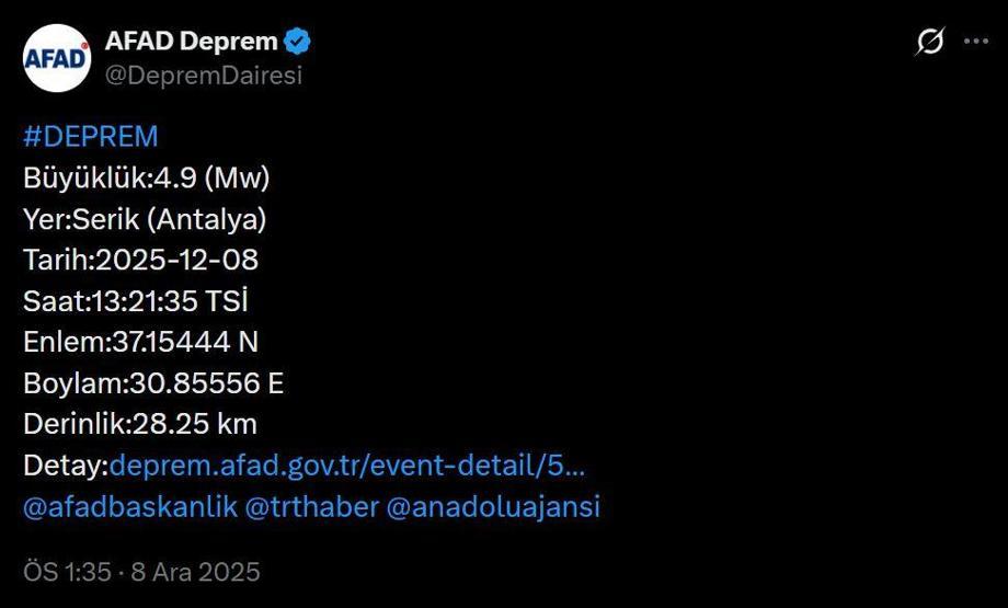 ANTALYADA DEPREM | SON DEPREMLER LİSTESİ 8 ARALIK 2025 | Deprem mi oldu, nerede, kaç şiddetinde Kandilli Rasathanesi ve AFAD açıkladı