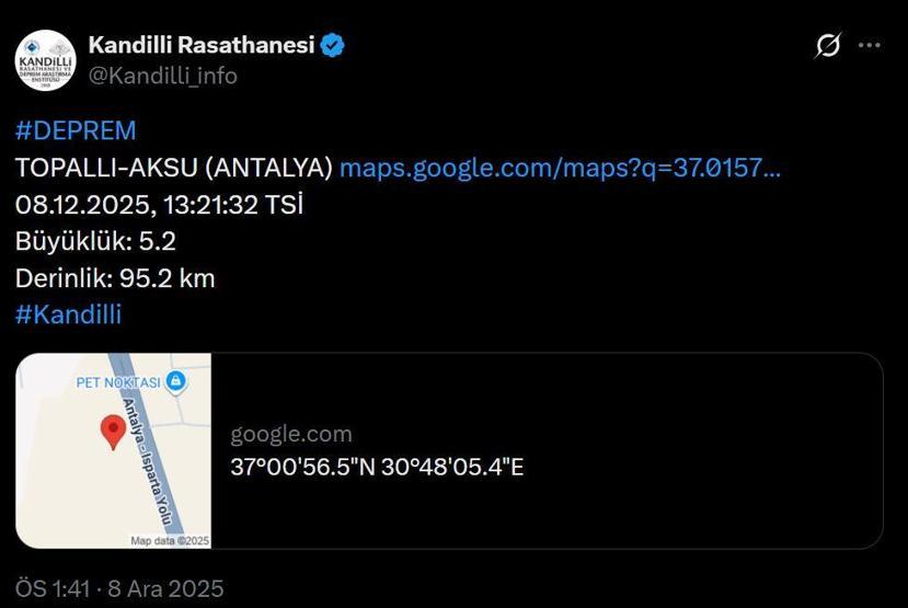 ANTALYADA DEPREM | SON DEPREMLER LİSTESİ 8 ARALIK 2025 | Deprem mi oldu, nerede, kaç şiddetinde Kandilli Rasathanesi ve AFAD açıkladı