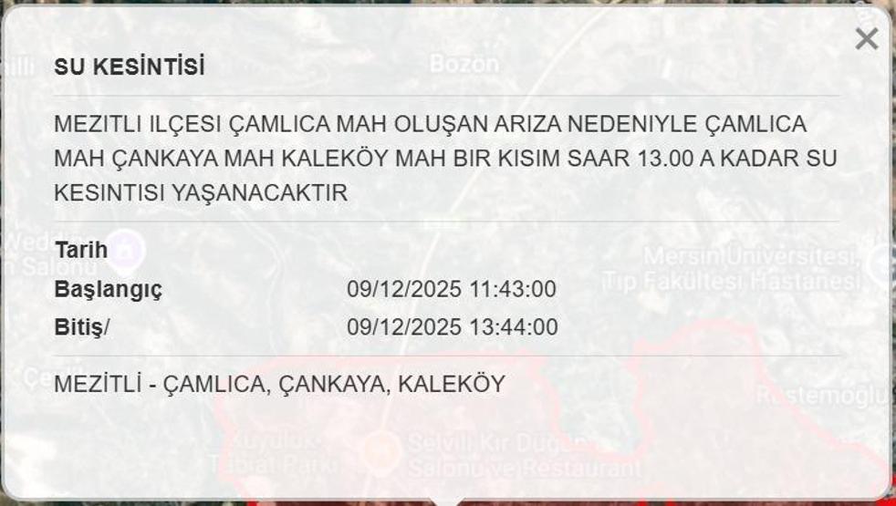 MESKİ MERSİN SU KESİNTİSİ 9 ARALIK : Mersinde Sular Ne Zaman Gelecek Mersin Su Kesintisi Ne Zaman Bitecek Anamur, Erdemli, Mezitli, Bozyazı, Tarsus, Silifke...