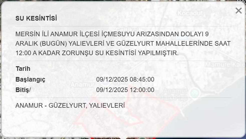 MESKİ MERSİN SU KESİNTİSİ 9 ARALIK : Mersinde Sular Ne Zaman Gelecek Mersin Su Kesintisi Ne Zaman Bitecek Anamur, Erdemli, Mezitli, Bozyazı, Tarsus, Silifke...