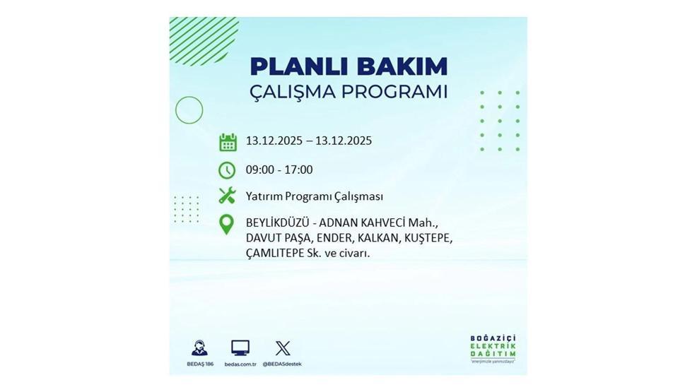 13 ARALIK 2025 İSTANBUL AYEDAŞ-BEDAŞ ELEKTRİK KESİNTİSİ: İstanbulda Elektrik Kesintisi Ne Zaman Bitecek Beyoğlu, Beylikdüzü, Silivri, Sarıyer...