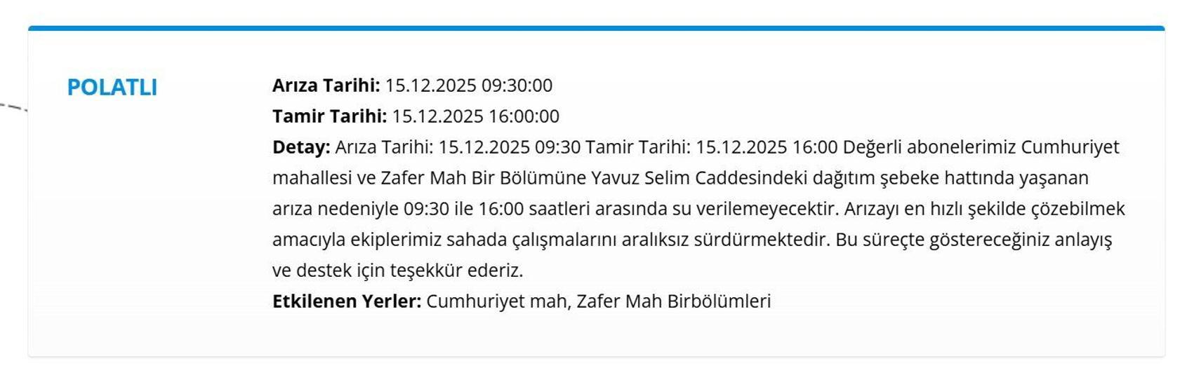 15 ARALIK ASKİ ANKARA SU KESİNTİSİ Ankara Su Kesintisi Hangi İlçelerde, Saat Kaçta Olacak Mamak’tan Etimesgut’a Detaylı Liste...