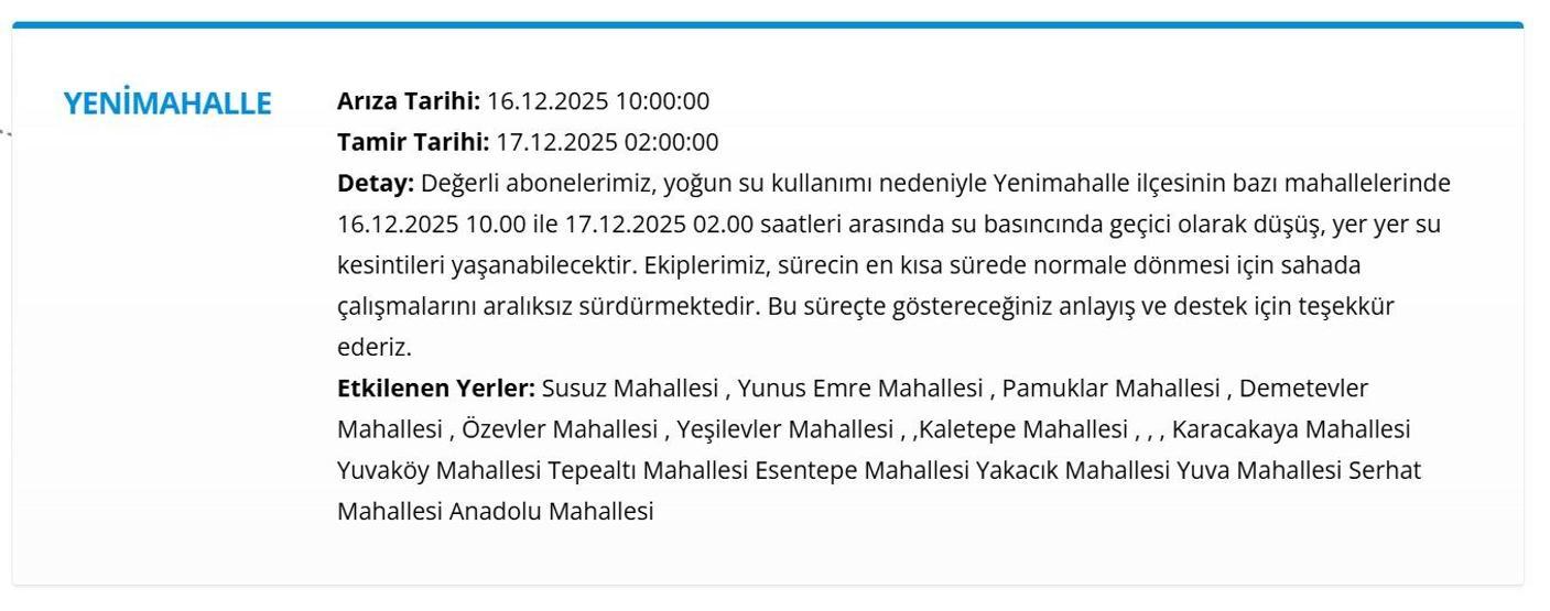 16 ARALIK ASKİ ANKARA SU KESİNTİSİ Ankara Su Kesintisi Hangi İlçelerde, Saat Kaçta Olacak Mamak’tan Etimesgut’a Detaylı Liste...