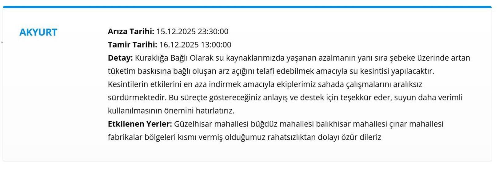 16 ARALIK ASKİ ANKARA SU KESİNTİSİ Ankara Su Kesintisi Hangi İlçelerde, Saat Kaçta Olacak Mamak’tan Etimesgut’a Detaylı Liste...