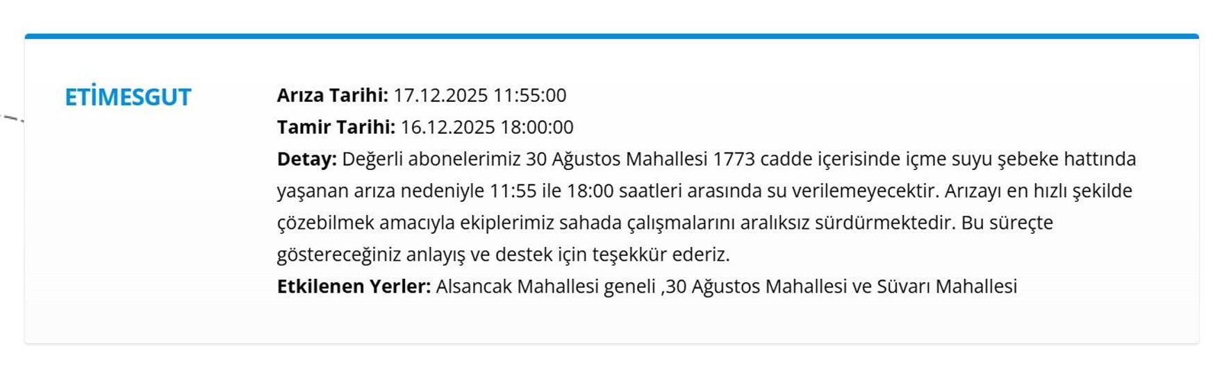 16 ARALIK ASKİ ANKARA SU KESİNTİSİ Ankara Su Kesintisi Hangi İlçelerde, Saat Kaçta Olacak Mamak’tan Etimesgut’a Detaylı Liste...