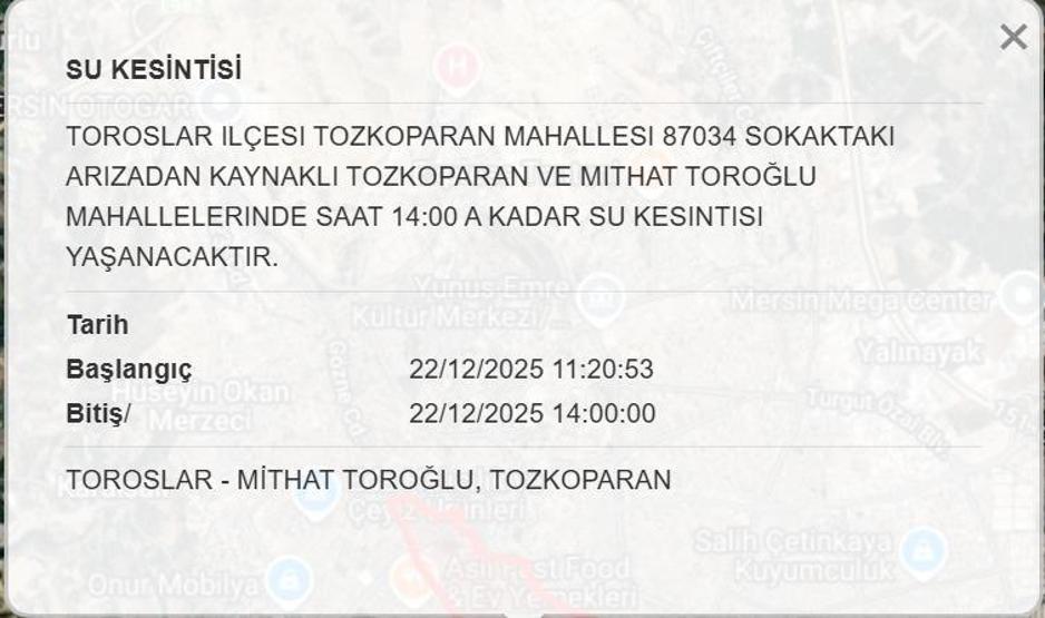 MESKİ 22 ARALIK MERSİN SU KESİNTİSİ: Mersinde Sular Ne Zaman Gelecek MESKİ Mersin Su Kesintisi Ne Zaman Bitecek