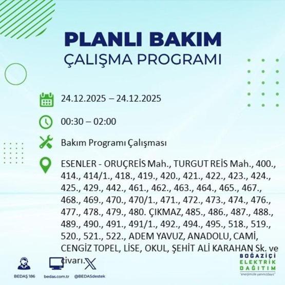 İSTANBULDA ELEKTRİK KESİNTİSİ OLAN İLÇELER 24 ARALIK 2025 | İstanbul’da Elektrik Kesintisi Saat Kaçta Bitecek Sarıyer, Fatih, Eyüpsultan...