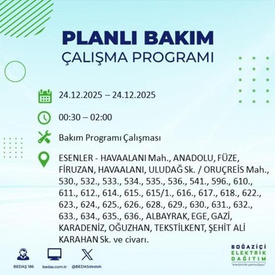 İSTANBULDA ELEKTRİK KESİNTİSİ OLAN İLÇELER 24 ARALIK 2025 | İstanbul’da Elektrik Kesintisi Saat Kaçta Bitecek Sarıyer, Fatih, Eyüpsultan...
